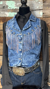 Load image into Gallery viewer, Denim Fringe Concho Vest by Rock &amp; Roll