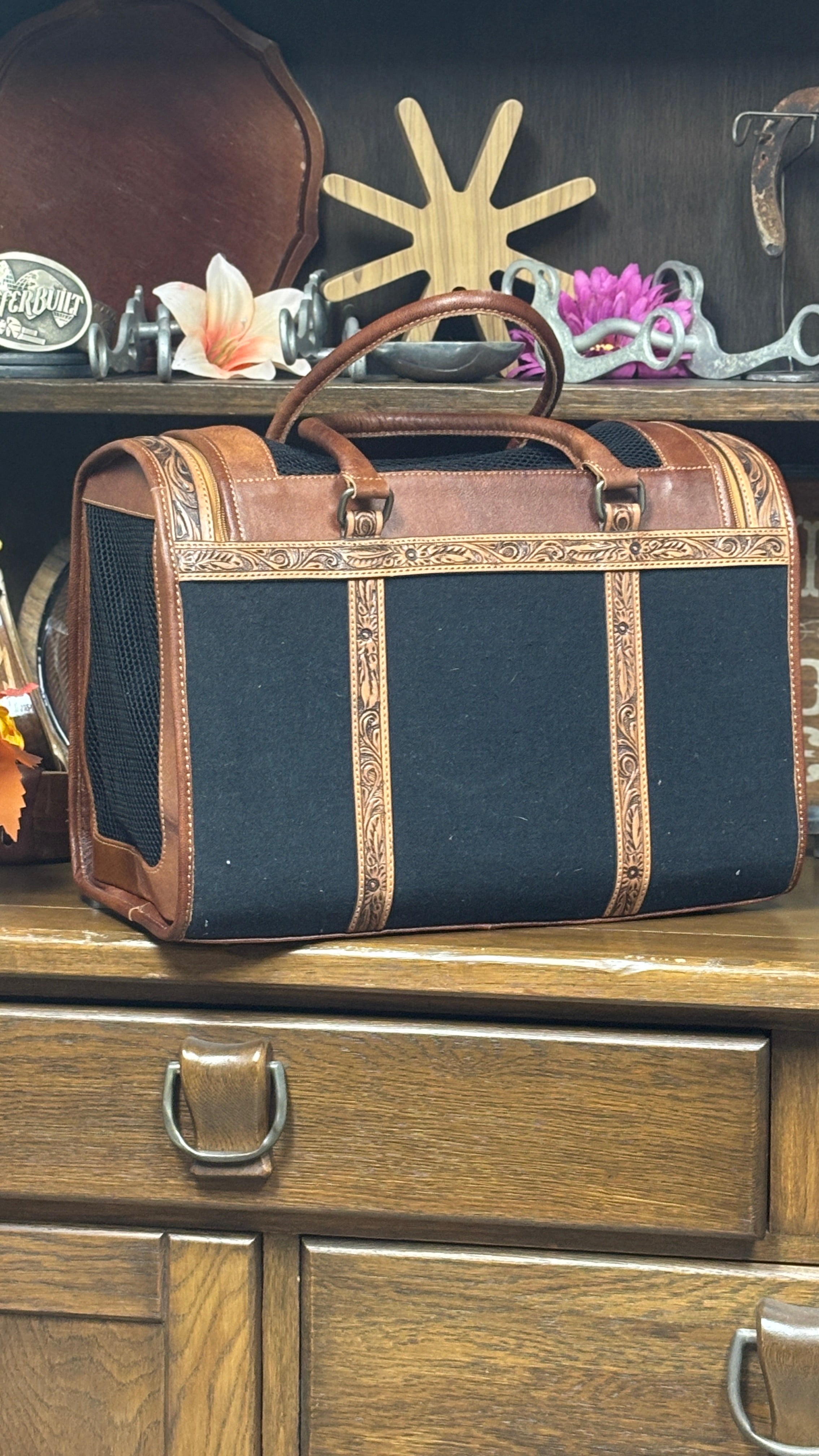 Tooled Leather Pet Carrier ~ Tan - Henderson's Western Store