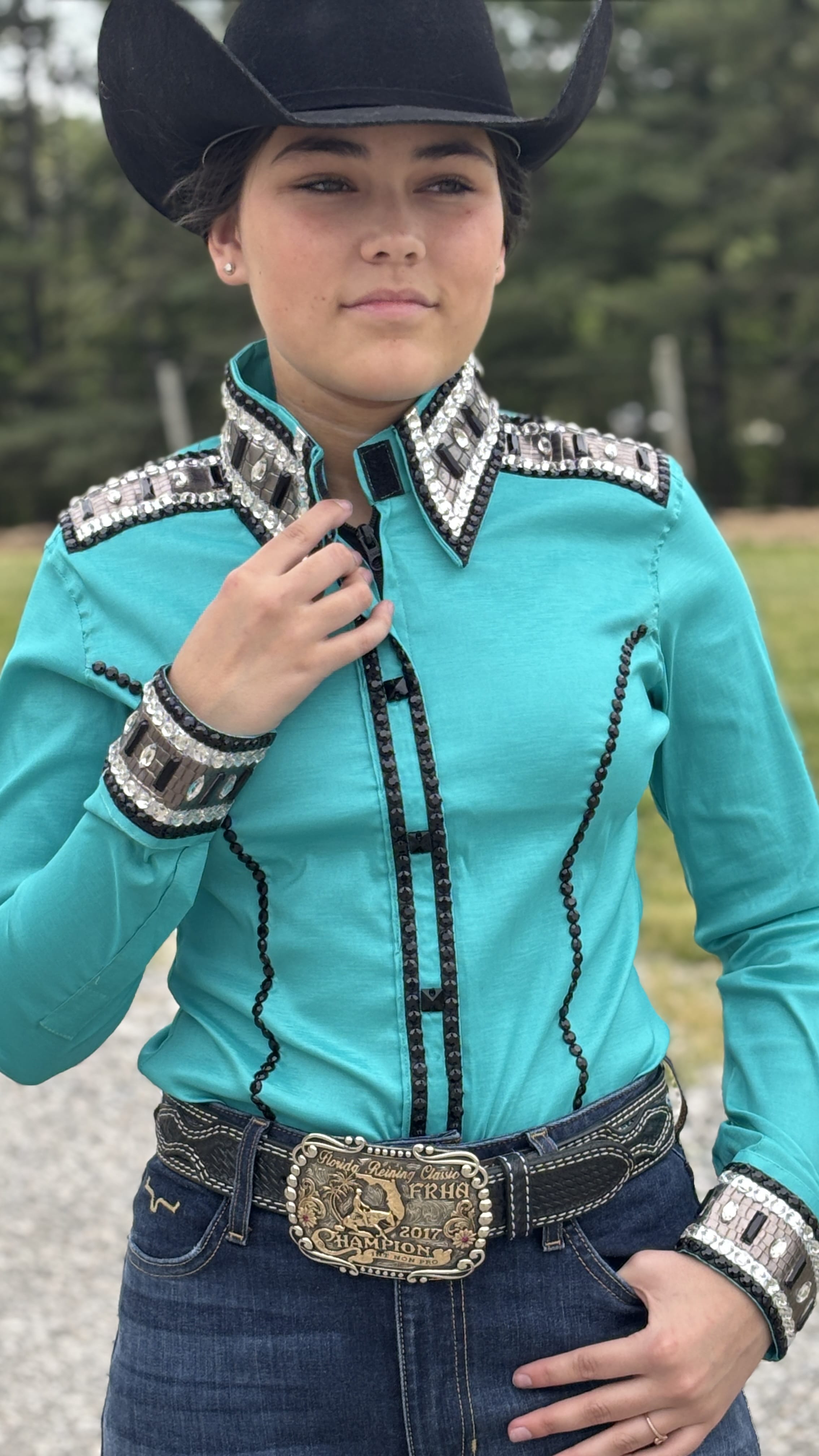 RHC Taffeta Bling Concealed Zipper Show Shirt -Teal Temptation - Henderson's Western Store
