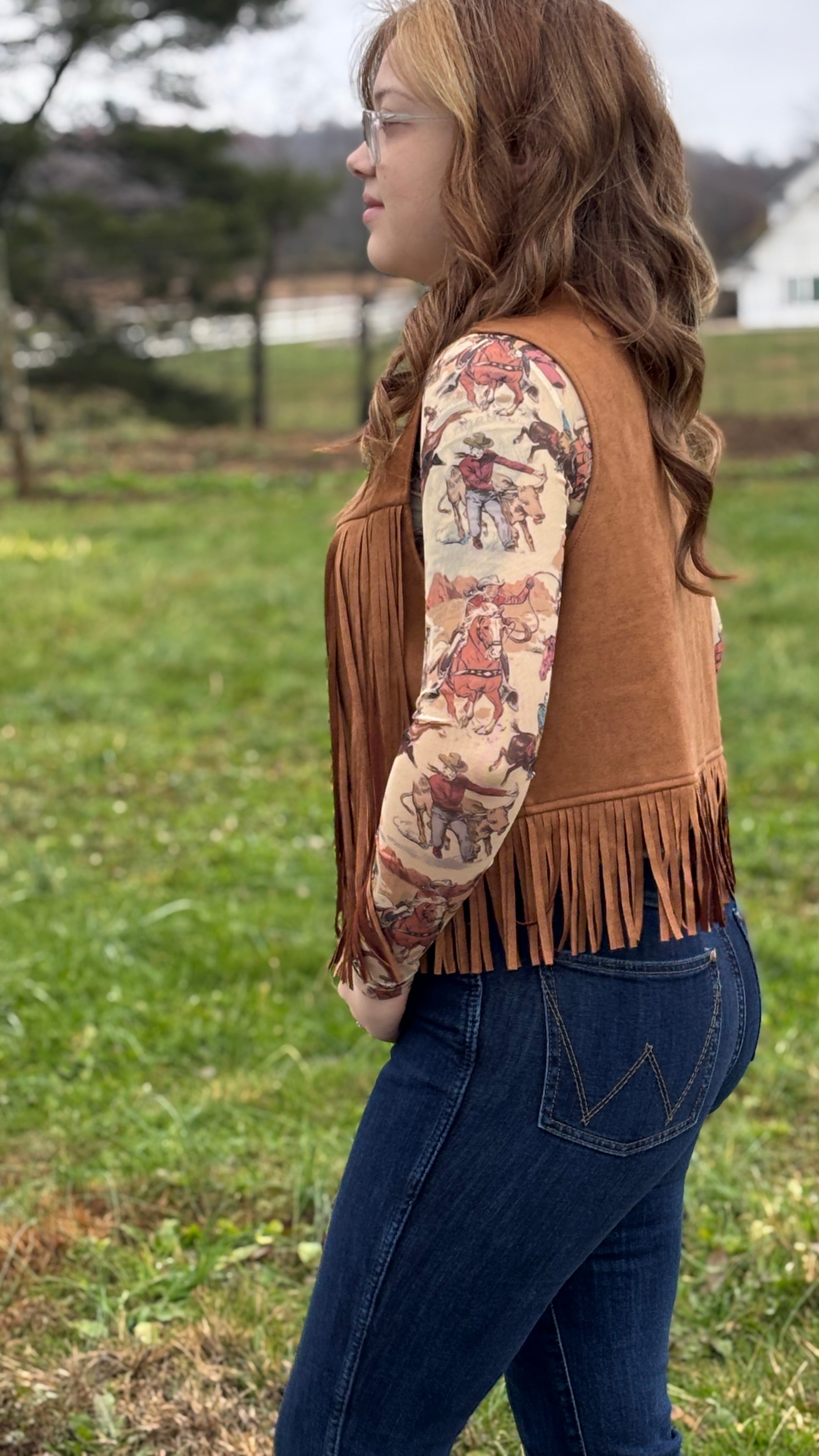 Western Cowboy Rodeo Print Sheer Mesh Fitted Top - Henderson's Western Store