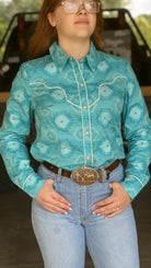 Ladies Tonal Aztec Print by Rock & Roll ~ Turquoise - Henderson's Western Store