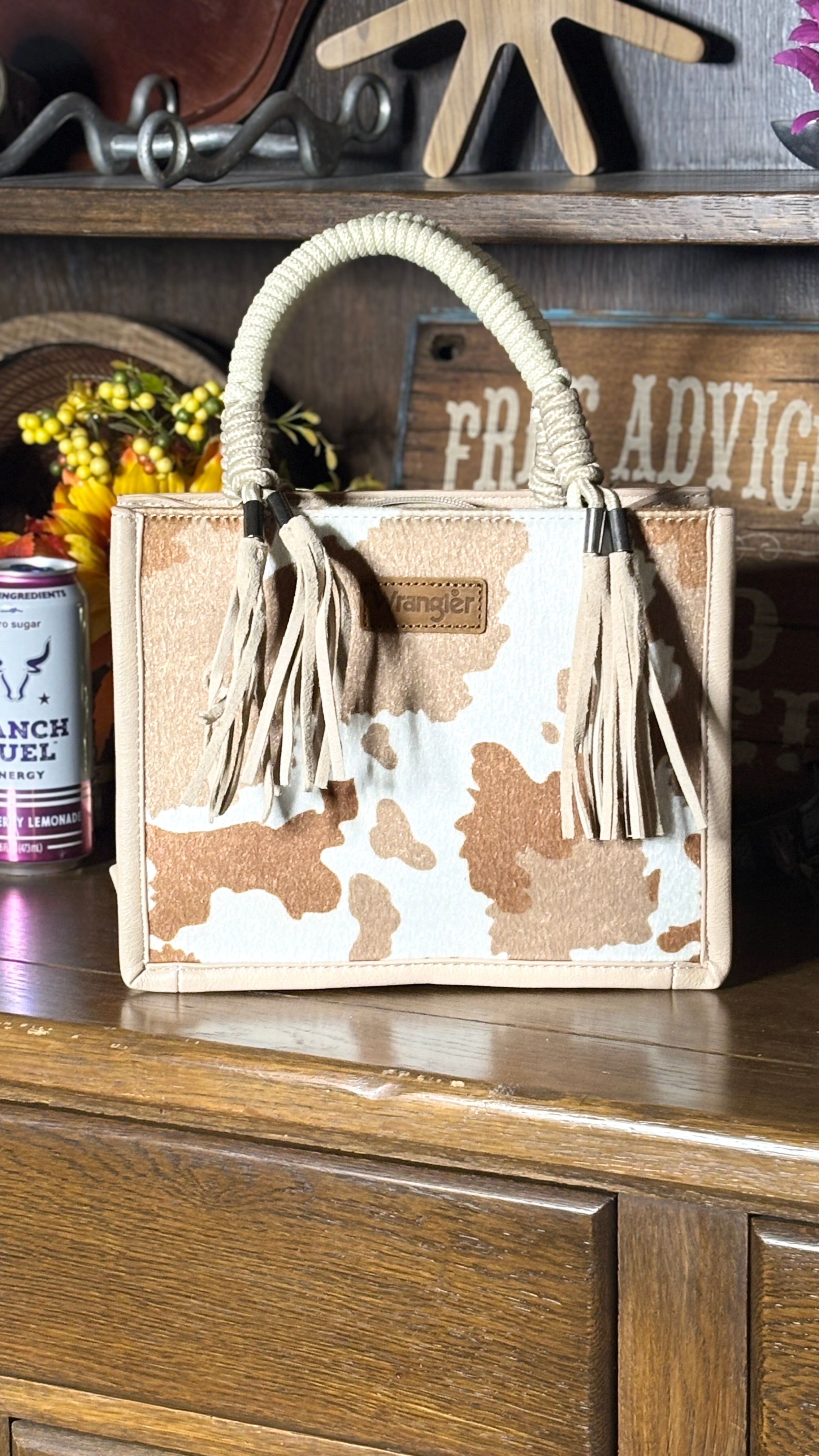 Wrangler Cow Print Tote/Crossbody ~ Tan - Henderson's Western Store