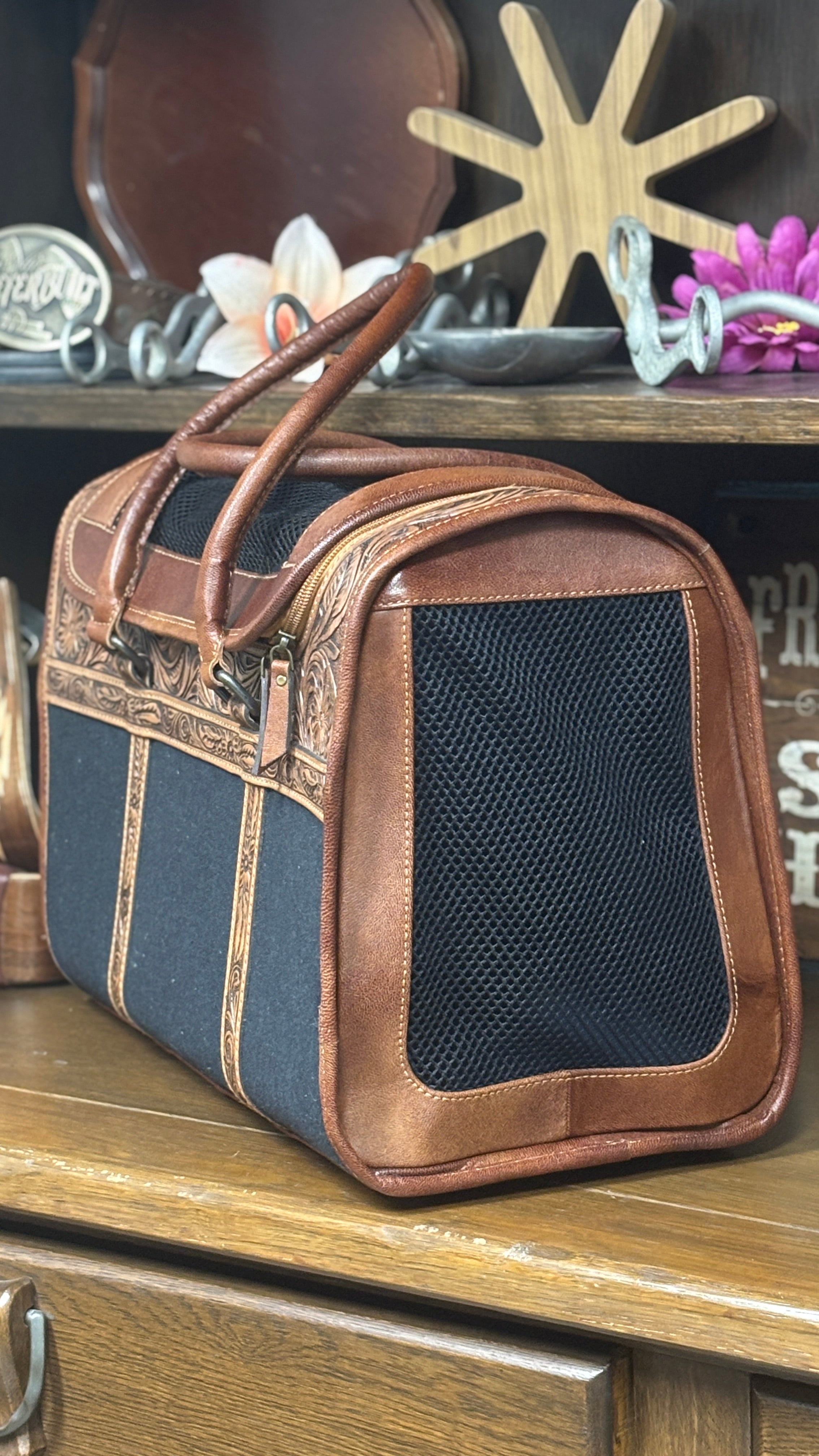 Tooled Leather Pet Carrier ~ Tan - Henderson's Western Store