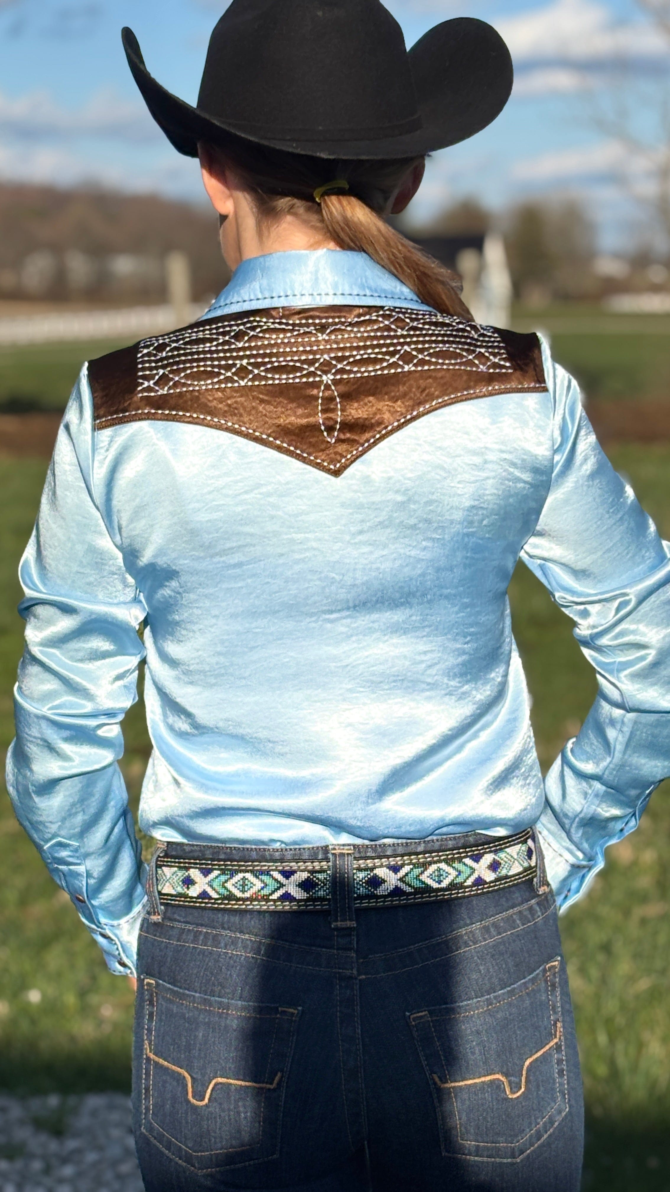 Satin Pullover Button Up by Cowgirl Tuff ~ Brown & Sky Blue W/Embroidered Bootstitch - Henderson's Western Store