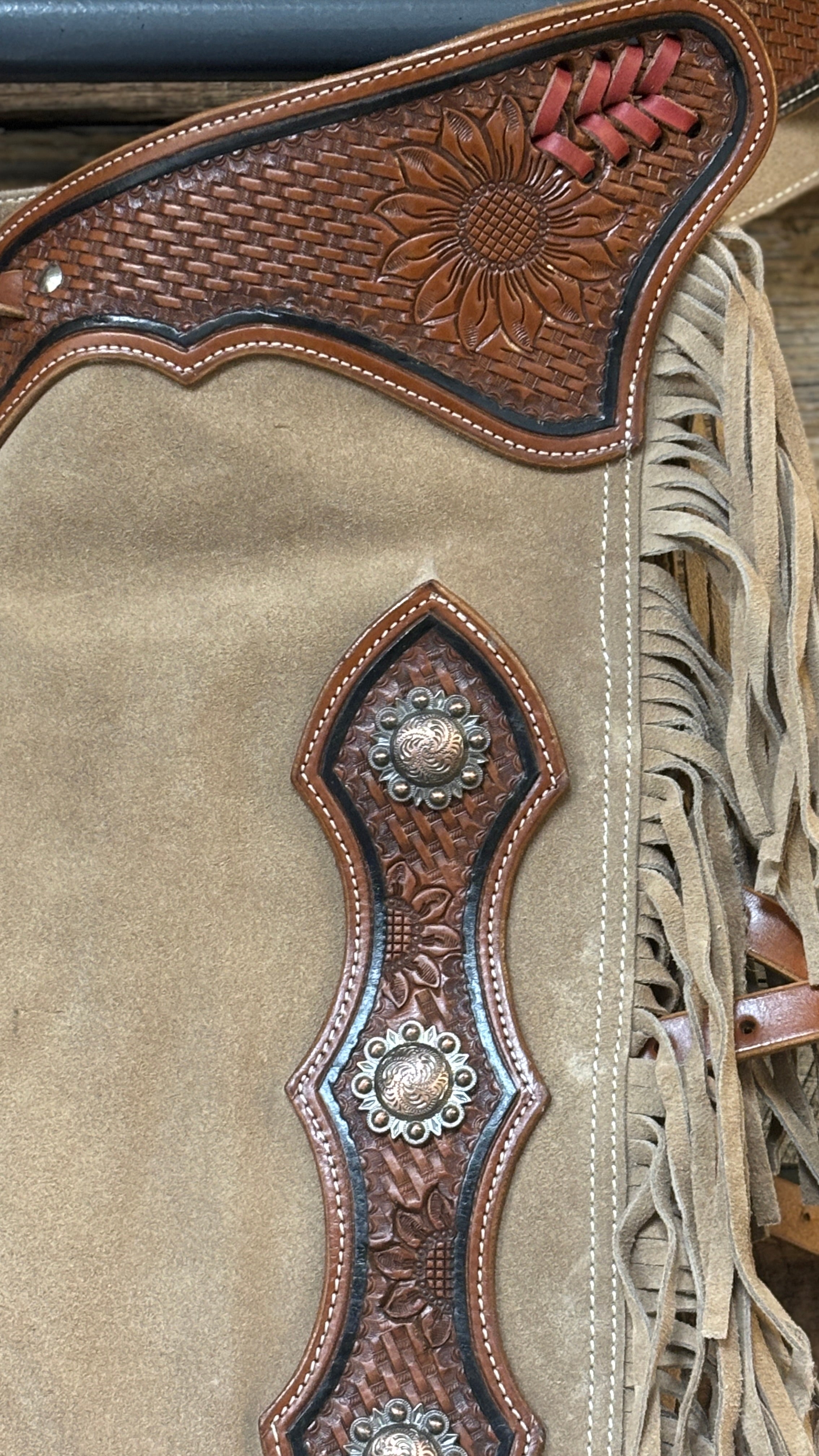 Sand Suede Chink ~ Sunflower & Basket Tooling - Henderson's Western Store