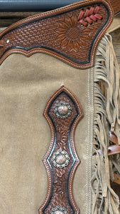 Load image into Gallery viewer, Sand Suede Chink ~ Sunflower &amp; Basket Tooling - Henderson&#39;s Western Store