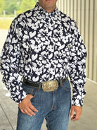 Men's Hibiscus Print Button-Down Western Shirt - Navy - Henderson's Western Store