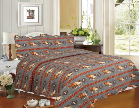 Running Horse Quilt Set ~ Grey ~ Queen - Henderson's Western Store