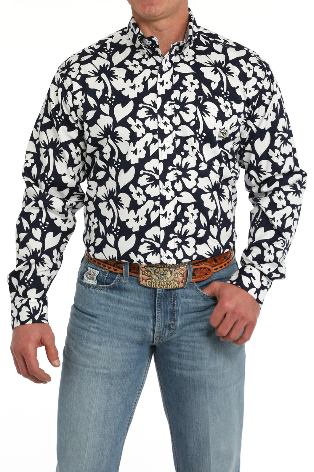 Men's Hibiscus Print Button-Down Western Shirt - Navy