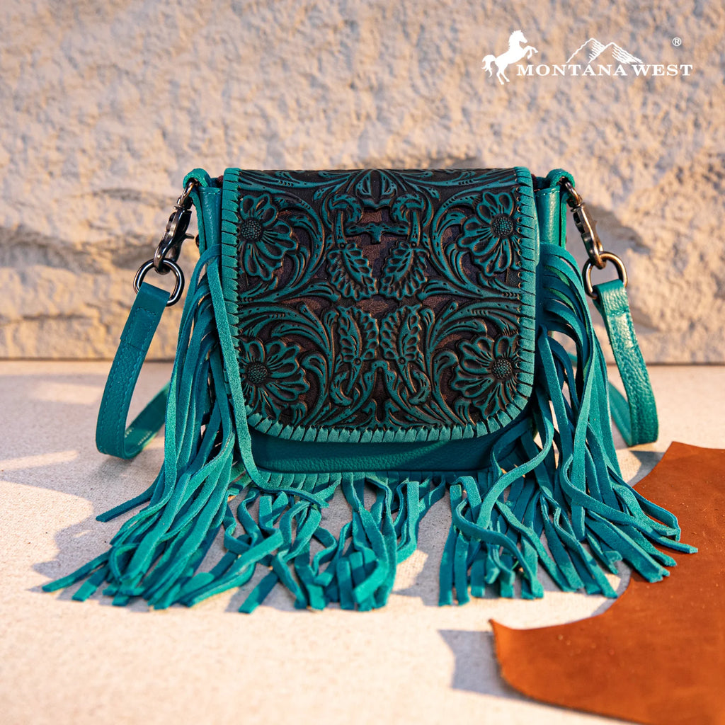 MW Genuine Leather Tooled Fringe Crossbody ~ Turquoise - Henderson's Western Store