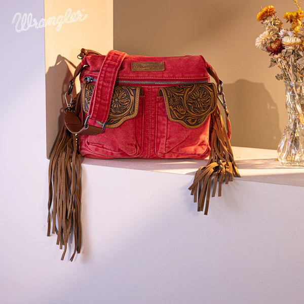 Wrangler Fringe  Denim Crossbody ~ Red - Henderson's Western Store