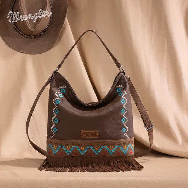 Wrangler Aztec Embroidered Hobo/Crossbody ~ Brown - Henderson's Western Store