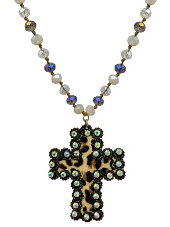 Iridescent Beaded Necklace W/Cheetah Cross - Henderson's Western Store