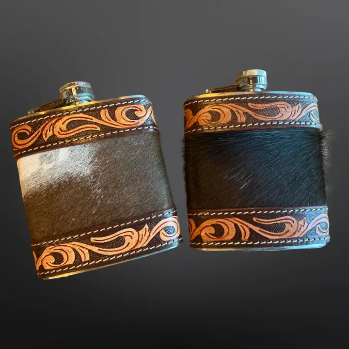 Cowhide Tooled Leather Western Flask - Henderson's Western Store