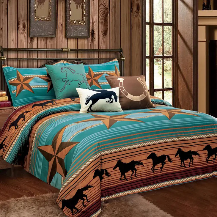 Western Linen Comforter Set ~ Running Horse - Henderson's Western Store