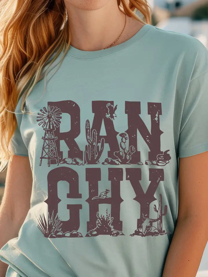 Ranchy Western Tee ~ Dusty Blue - Henderson's Western Store