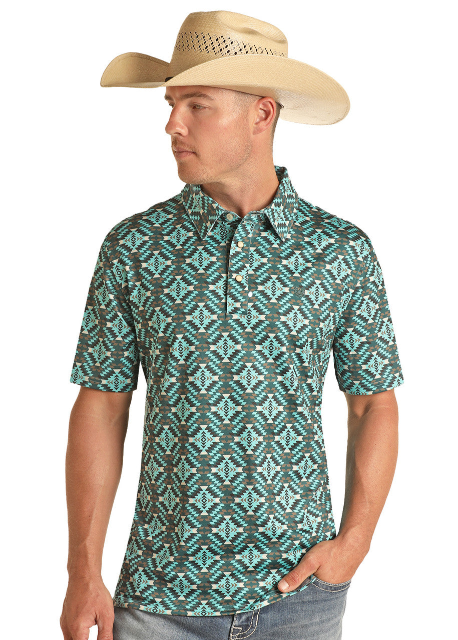 Men's Aztec Print Polo by Panhandle ~ Turquoise - Henderson's Western Store