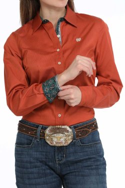 Women's Striped Button-Down Western Shirt - Copper