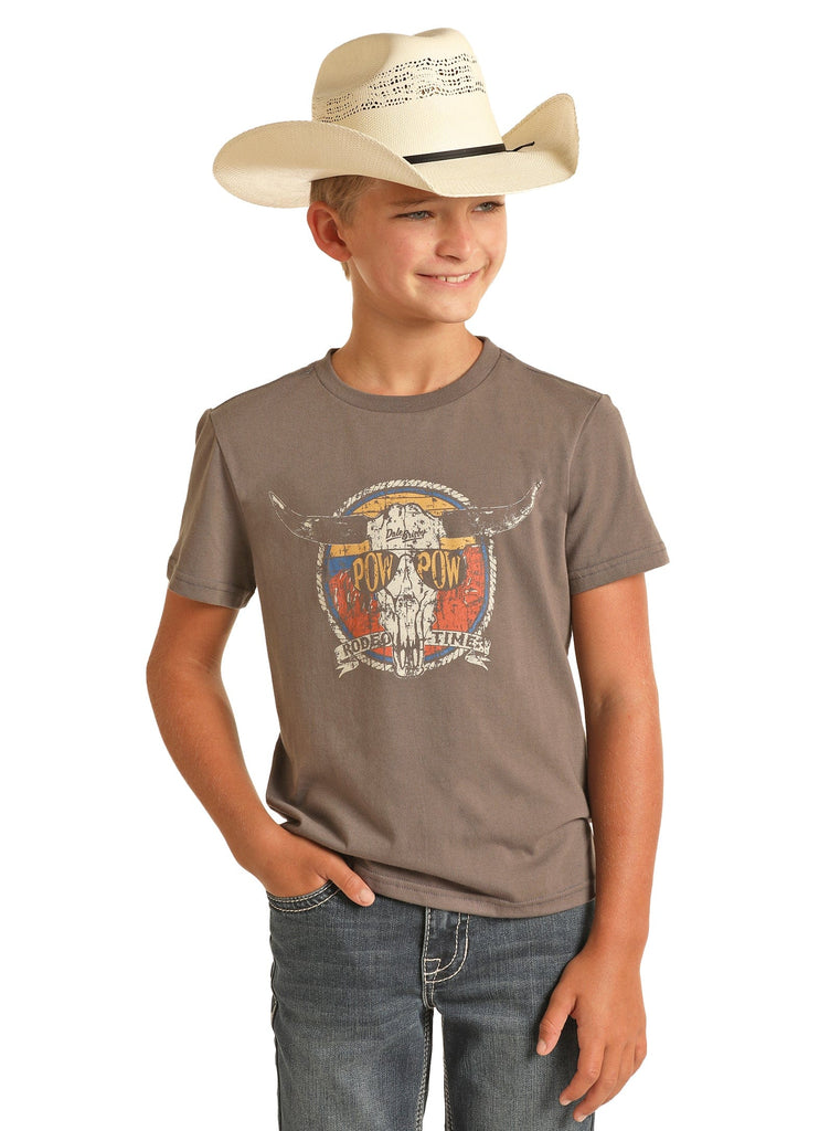 Boy's Rodeo Time Pow Pow Tee ~ Charcoal - Henderson's Western Store