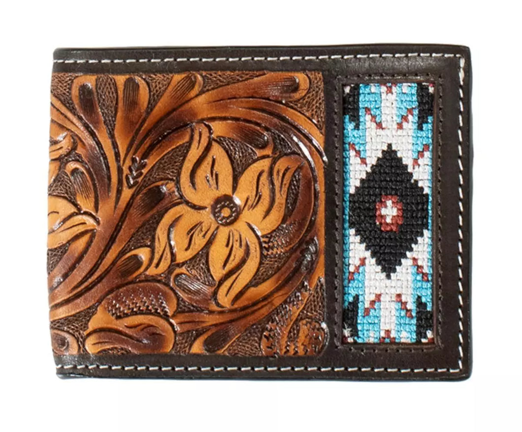 Leather Floral Embroidery Inlay ~ Bi-Fold