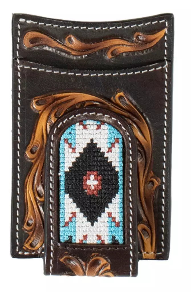 Leather Floral Embroidery Inlay ~ Money Clip