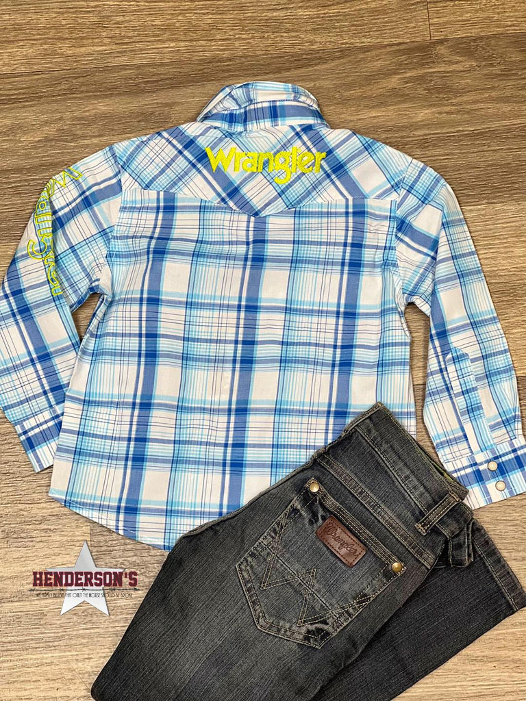 Boy's Wrangler Logo Plaid ~ Teal/Lime - Henderson's Western Store