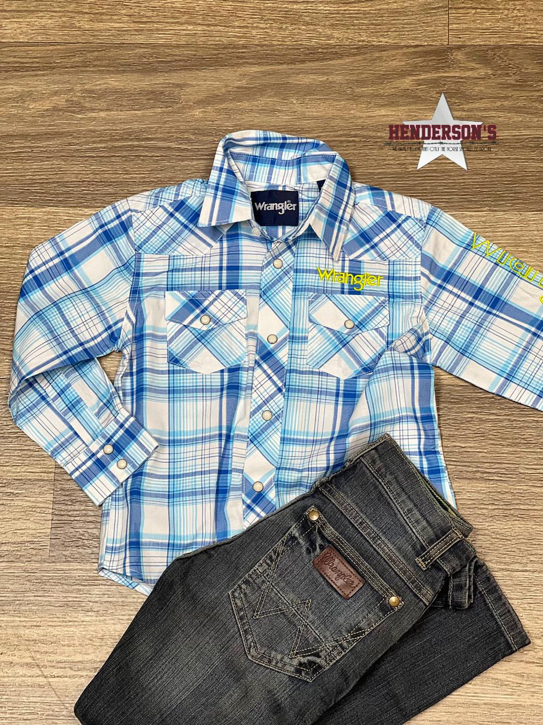 Boy's Wrangler Logo Plaid ~ Teal/Lime - Henderson's Western Store