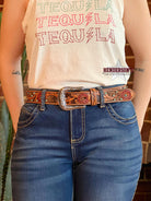 Red Flower Inlay Belt - Henderson's Western Store