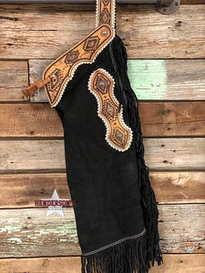 Load image into Gallery viewer, Black Suede Chinks W/Navajo Tooling Chaps shiloh   