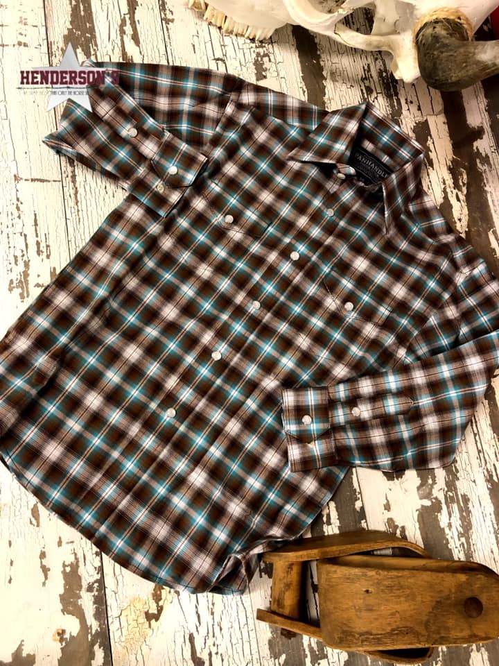 Rough Stock for Boys ~ Brown & Turq Plaid Boys Shirts Pandhandle Slim   