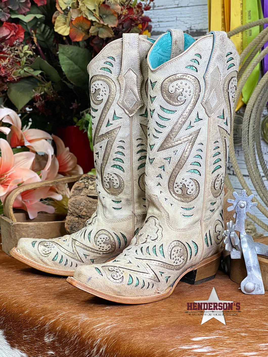 Bone W/Emerald Inlay Boots - Henderson's Western Store