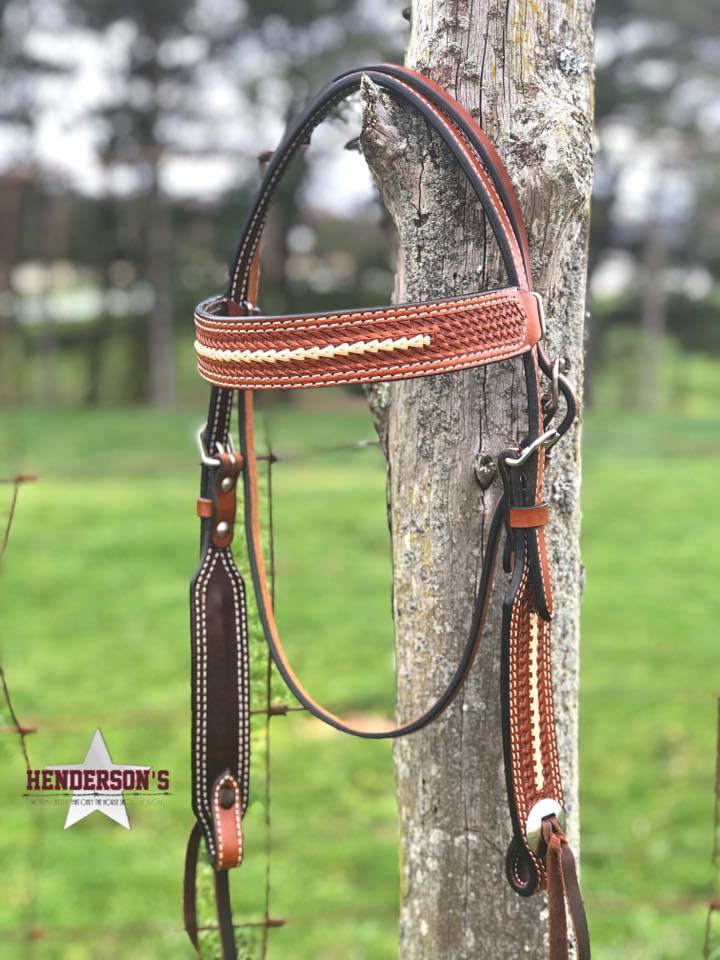 Leather Headstall ~ Basketweave W/Rawhide ~ SH Collection Headstalls Henderson's Western   