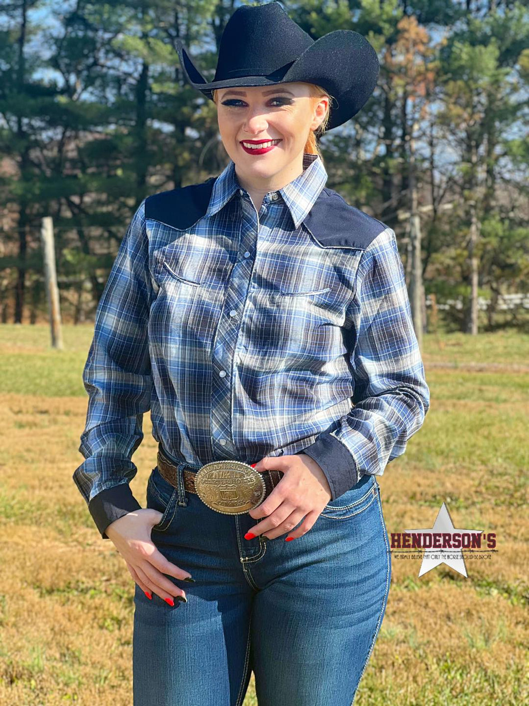 Ladies Retro Plaid Snap ~Navy - Henderson's Western Store