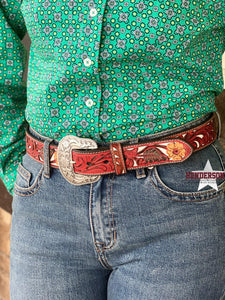 Load image into Gallery viewer, Ladies Red Floral Tooled Belt - Henderson&#39;s Western Store