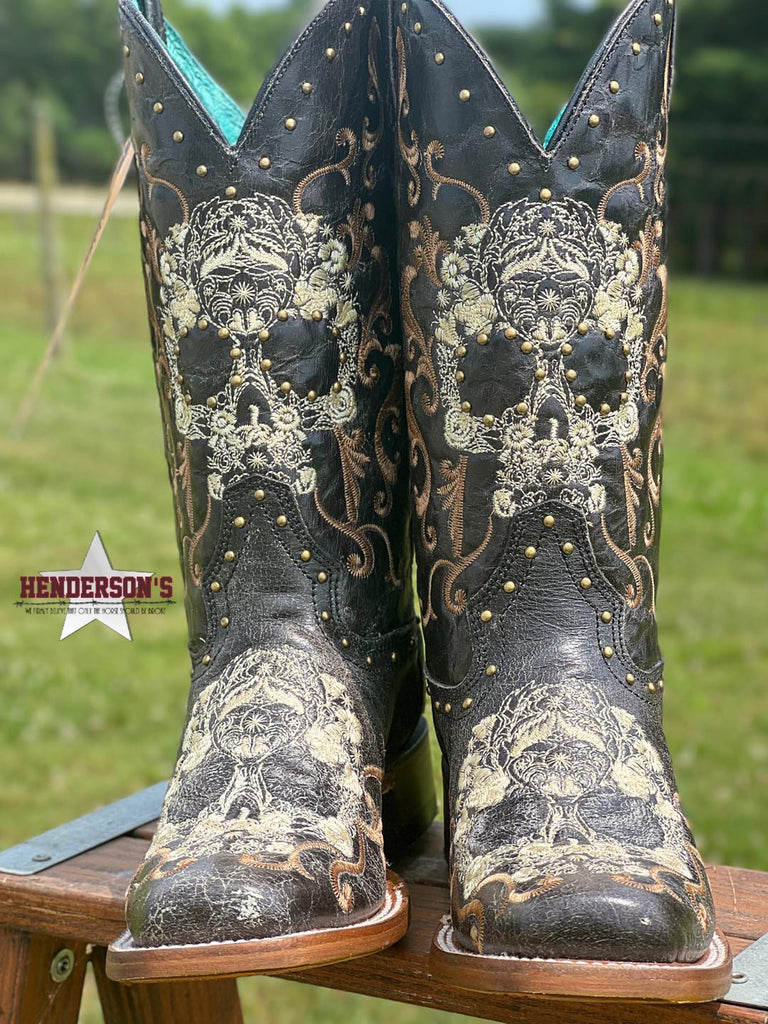 Floral Skull Embroidery Boots - Henderson's Western Store